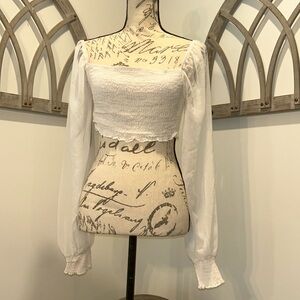 Sheer Long Sleeve Crop Top White Smocked Body And Bottom of Sleeves Size Large